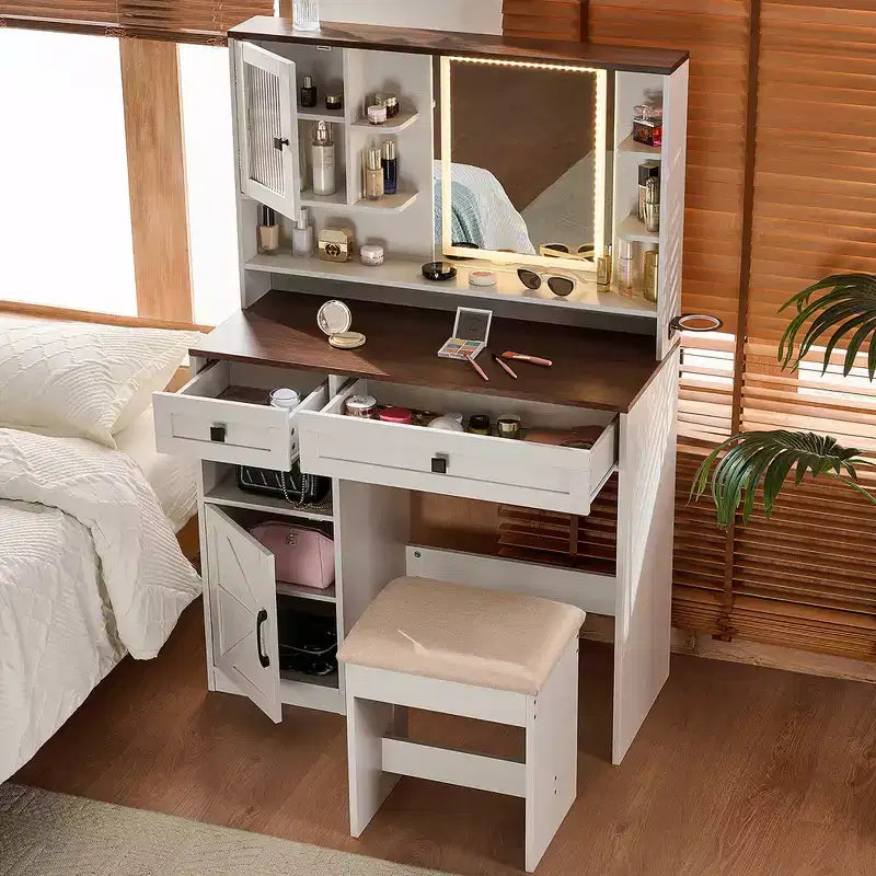 Coiffeuse Whisen Farmhouse avec miroir, tabouret, tiroirs, étagères et armoire latérale