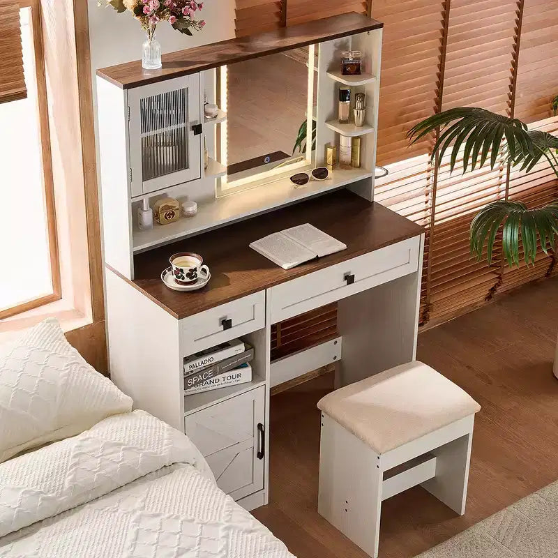 Coiffeuse Whisen Farmhouse avec miroir, tabouret, tiroirs, étagères et armoire latérale