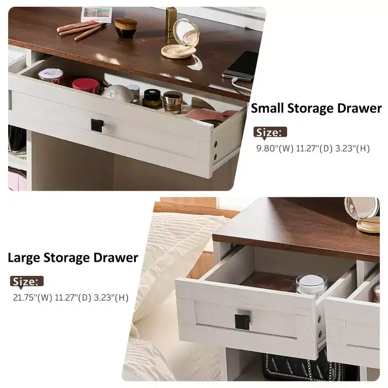 Coiffeuse Whisen Farmhouse avec miroir, tabouret, tiroirs, étagères et armoire latérale