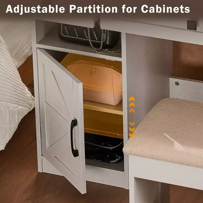 Coiffeuse Whisen Farmhouse avec miroir, tabouret, tiroirs, étagères et armoire latérale