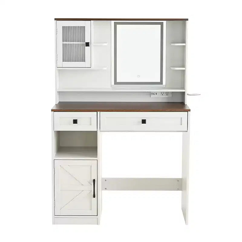 Coiffeuse Whisen Farmhouse avec miroir, tabouret, tiroirs, étagères et armoire latérale