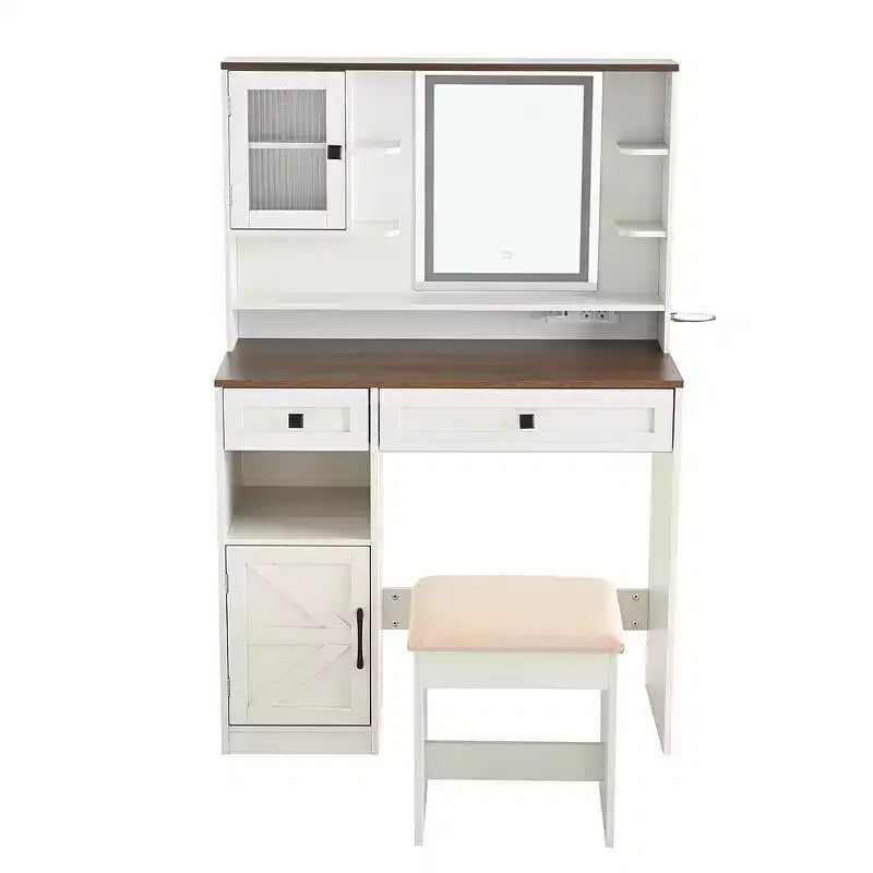 Coiffeuse Whisen Farmhouse avec miroir, tabouret, tiroirs, étagères et armoire latérale