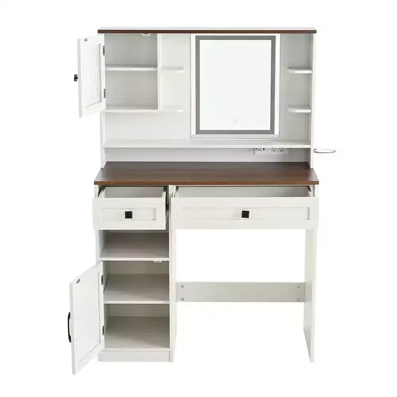 Coiffeuse Whisen Farmhouse avec miroir, tabouret, tiroirs, étagères et armoire latérale