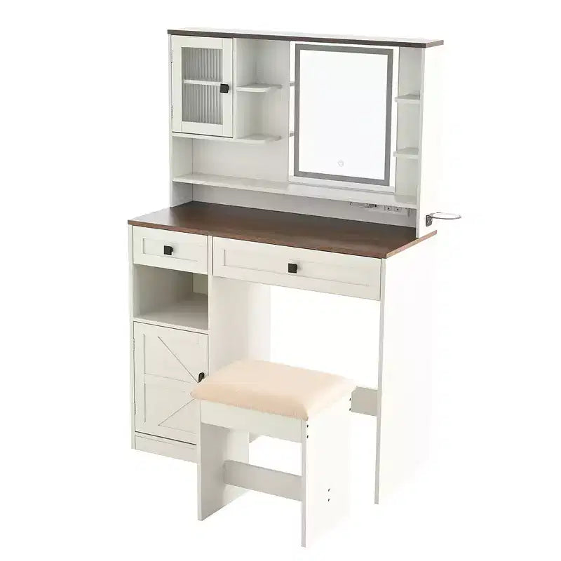 Coiffeuse Whisen Farmhouse avec miroir, tabouret, tiroirs, étagères et armoire latérale