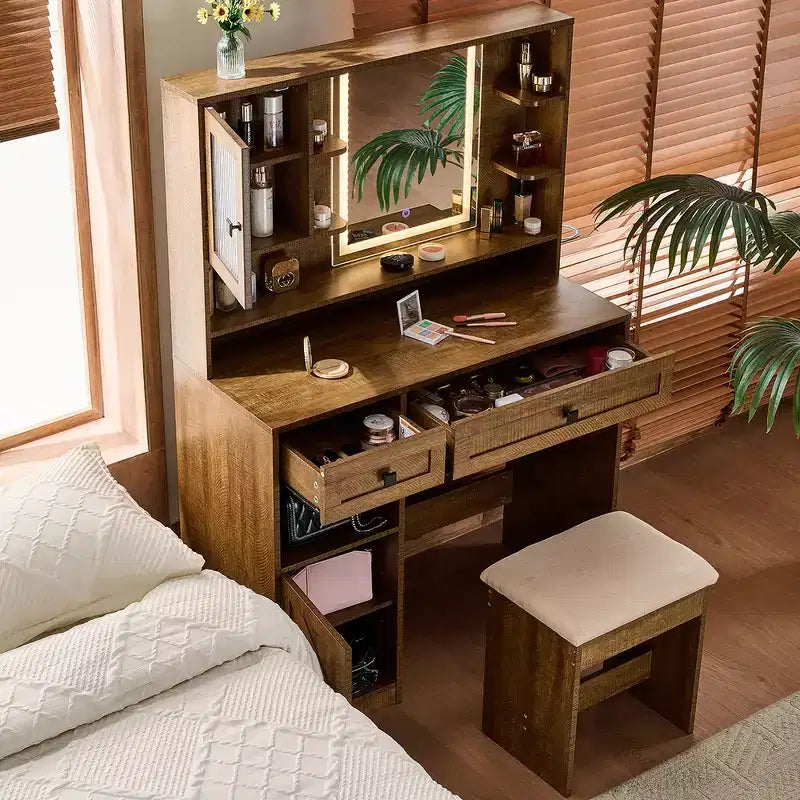 Coiffeuse Whisen Farmhouse avec miroir, tabouret, tiroirs, étagères et armoire latérale