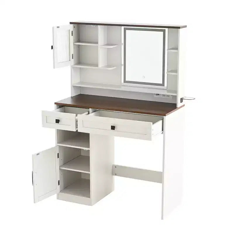 Coiffeuse Whisen Farmhouse avec miroir, tabouret, tiroirs, étagères et armoire latérale