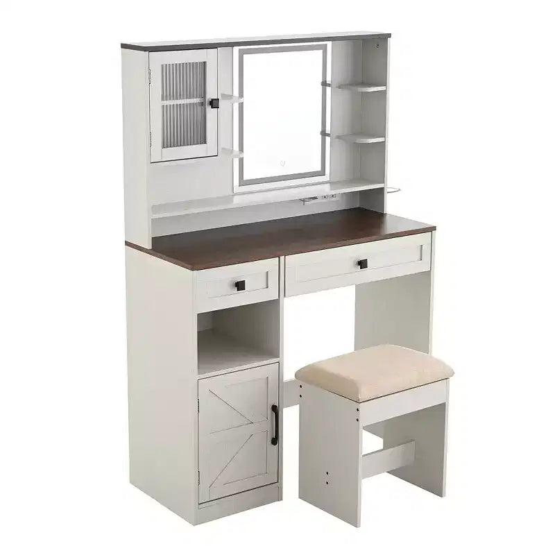 Coiffeuse Whisen Farmhouse avec miroir, tabouret, tiroirs, étagères et armoire latérale