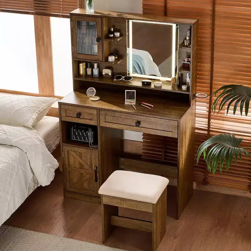 Coiffeuse Whisen Farmhouse avec miroir, tabouret, tiroirs, étagères et armoire latérale