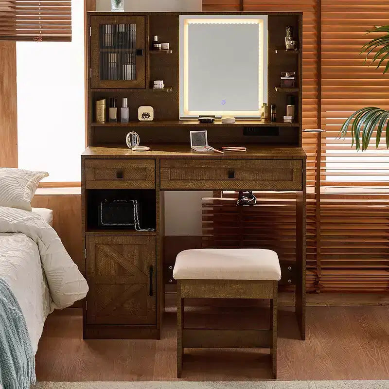 Coiffeuse Whisen Farmhouse avec miroir, tabouret, tiroirs, étagères et armoire latérale