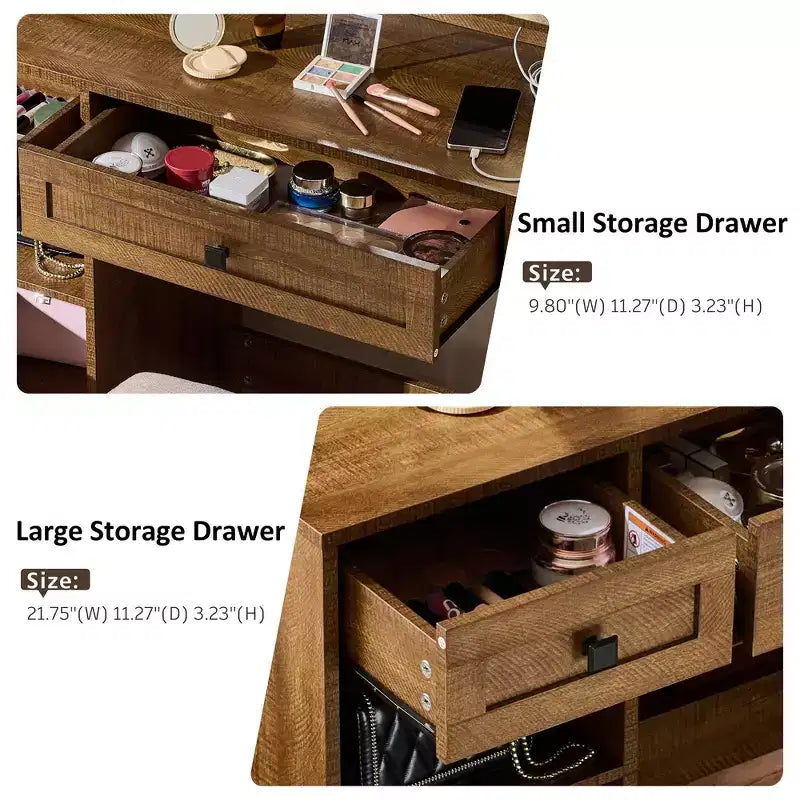 Coiffeuse Whisen Farmhouse avec miroir, tabouret, tiroirs, étagères et armoire latérale