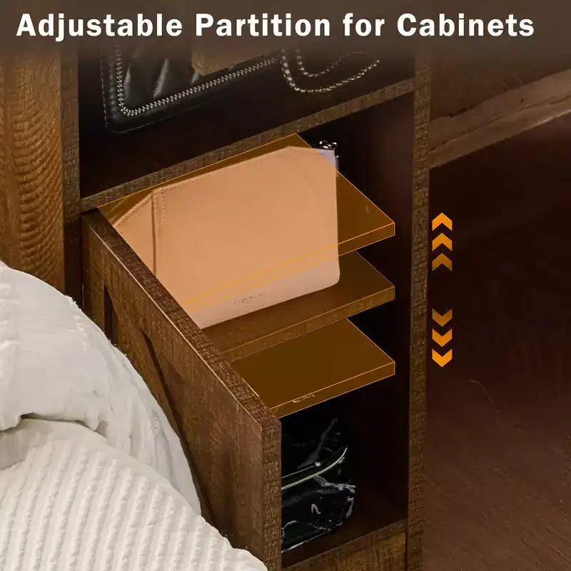 Coiffeuse Whisen Farmhouse avec miroir, tabouret, tiroirs, étagères et armoire latérale