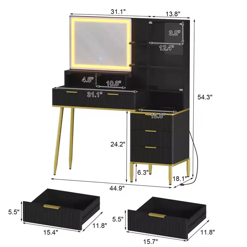 Coiffeuse cannelée, table de maquillage avec 5 tiroirs, étagère de rangement, éclairage 3 couleurs à luminosité réglable pour chambre à coucher