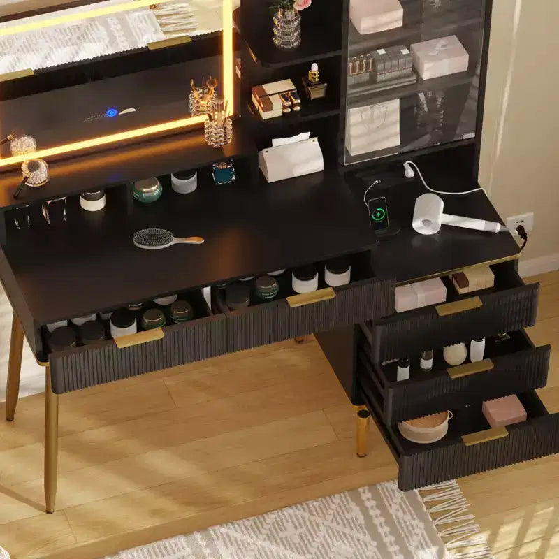 Coiffeuse cannelée, table de maquillage avec 5 tiroirs, étagère de rangement, éclairage 3 couleurs à luminosité réglable pour chambre à coucher