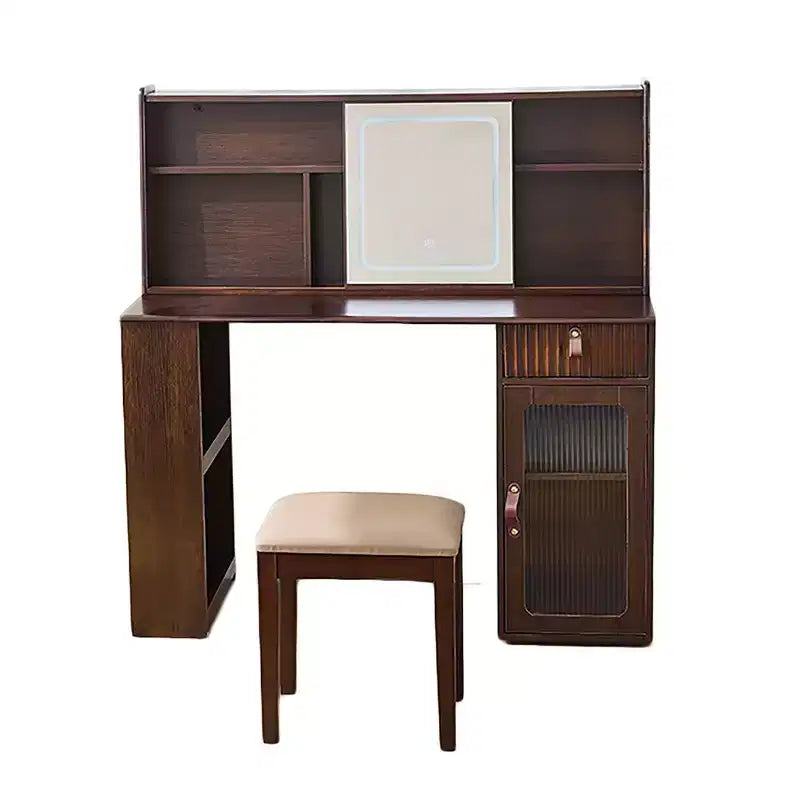 Coiffeuse Whisen Élégante, Ensemble de Table de Maquillage Moderne avec Tabouret, Miroir, Grandes Étagères, Tiroir et Armoire - Noyer