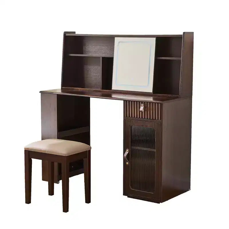 Coiffeuse Whisen Élégante, Ensemble de Table de Maquillage Moderne avec Tabouret, Miroir, Grandes Étagères, Tiroir et Armoire - Noyer