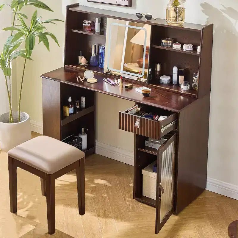 Coiffeuse Whisen Élégante, Ensemble de Table de Maquillage Moderne avec Tabouret, Miroir, Grandes Étagères, Tiroir et Armoire - Noyer