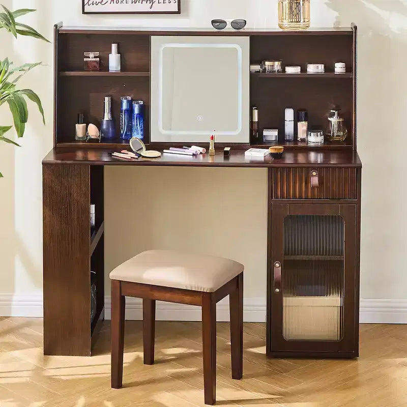 Coiffeuse Whisen Élégante, Ensemble de Table de Maquillage Moderne avec Tabouret, Miroir, Grandes Étagères, Tiroir et Armoire - Noyer