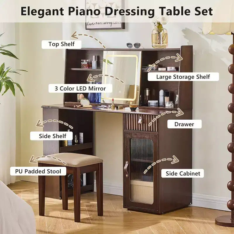 Coiffeuse Whisen Élégante, Ensemble de Table de Maquillage Moderne avec Tabouret, Miroir, Grandes Étagères, Tiroir et Armoire - Noyer