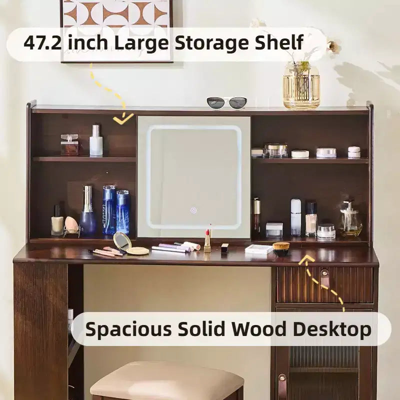 Coiffeuse Whisen Élégante, Ensemble de Table de Maquillage Moderne avec Tabouret, Miroir, Grandes Étagères, Tiroir et Armoire - Noyer