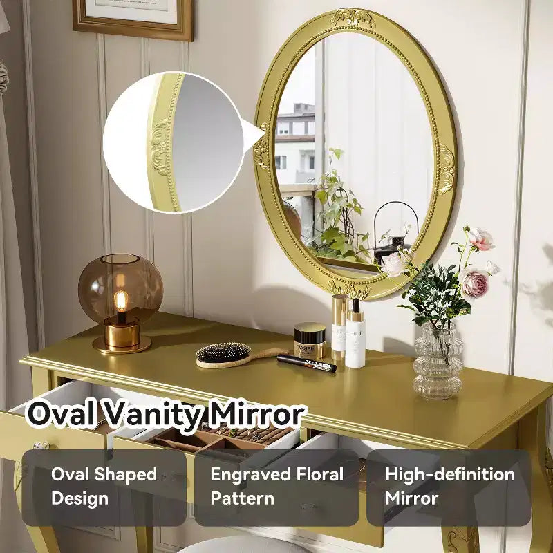 Coiffeuse de luxe Okak avec miroir ovale, coiffeuse de maquillage avec 3 tiroirs, coiffeuse pour entrée, salon, dressing, doré