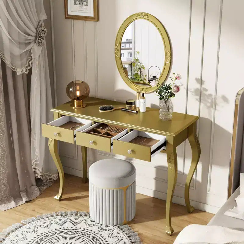 Coiffeuse de luxe Okak avec miroir ovale, coiffeuse de maquillage avec 3 tiroirs, coiffeuse pour entrée, salon, dressing, doré