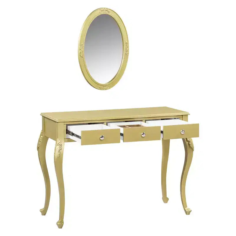 Coiffeuse de luxe Okak avec miroir ovale, coiffeuse de maquillage avec 3 tiroirs, coiffeuse pour entrée, salon, dressing, doré