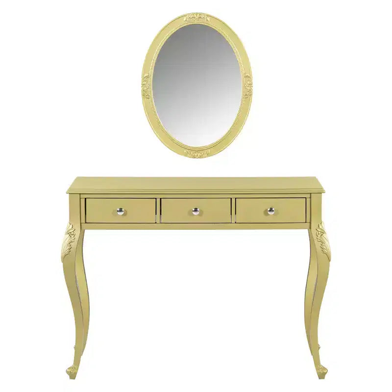 Coiffeuse de luxe Okak avec miroir ovale, coiffeuse de maquillage avec 3 tiroirs, coiffeuse pour entrée, salon, dressing, doré
