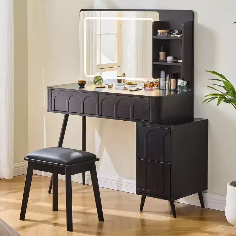 Coiffeuse moderne Okak avec tabouret, coiffeuse 3 couleurs avec 4 tiroirs, coiffeuse compacte pour salon, chambre, noir