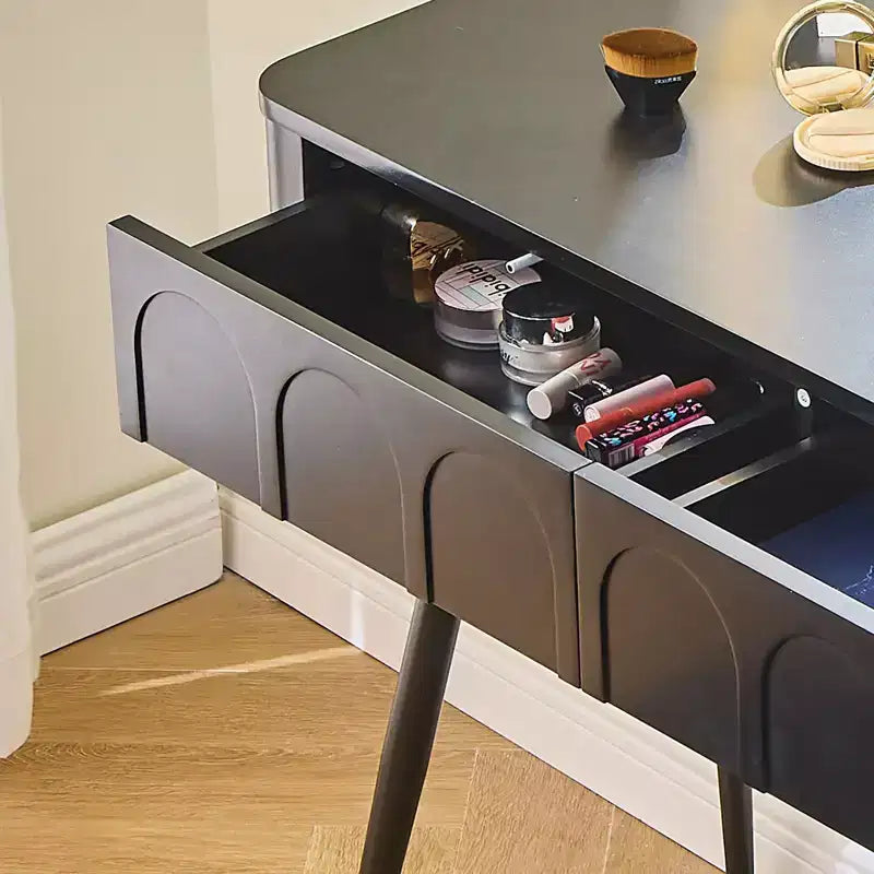 Coiffeuse moderne Okak avec tabouret, coiffeuse 3 couleurs avec 4 tiroirs, coiffeuse compacte pour salon, chambre, noir