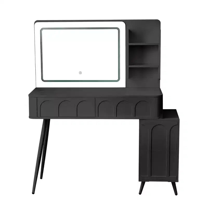 Coiffeuse moderne Okak avec tabouret, coiffeuse 3 couleurs avec 4 tiroirs, coiffeuse compacte pour salon, chambre, noir