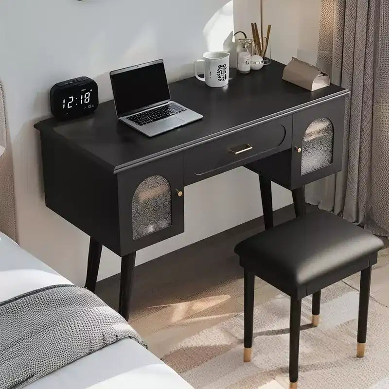 Coiffeuse élégante Okak avec tabouret rembourré, bureau coiffeuse avec organisateur et port de charge, table coiffeuse pour salon, chambre à coucher