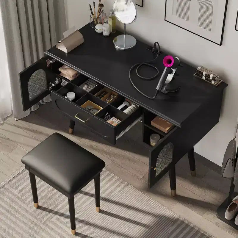 Coiffeuse élégante Okak avec tabouret rembourré, bureau coiffeuse avec organisateur et port de charge, table coiffeuse pour salon, chambre à coucher