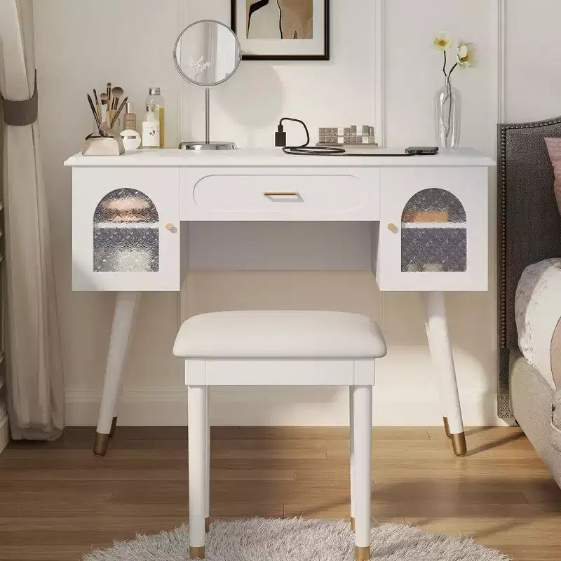 Coiffeuse élégante Okak avec tabouret rembourré, bureau coiffeuse avec organisateur et port de charge, table coiffeuse pour salon, chambre à coucher