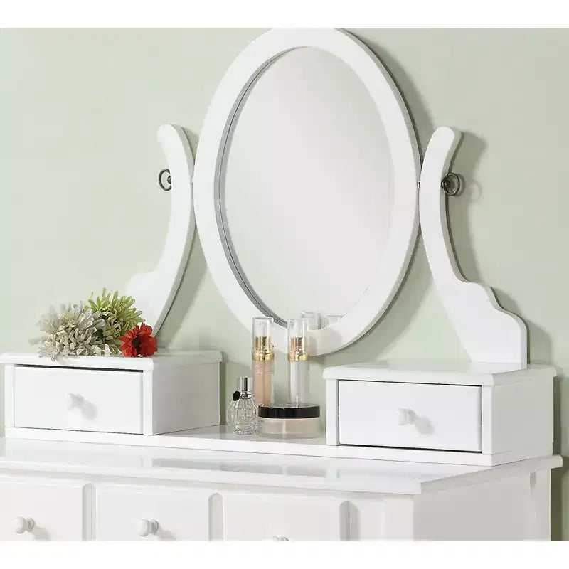 Coiffeuse élégante en bois Okak avec tabouret rembourré, bureau de maquillage avec pieds arqués et 5 tiroirs, table de toilette pour salon