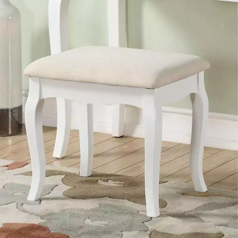 Coiffeuse élégante en bois Okak avec tabouret rembourré, bureau de maquillage avec pieds arqués et 5 tiroirs, table de toilette pour salon
