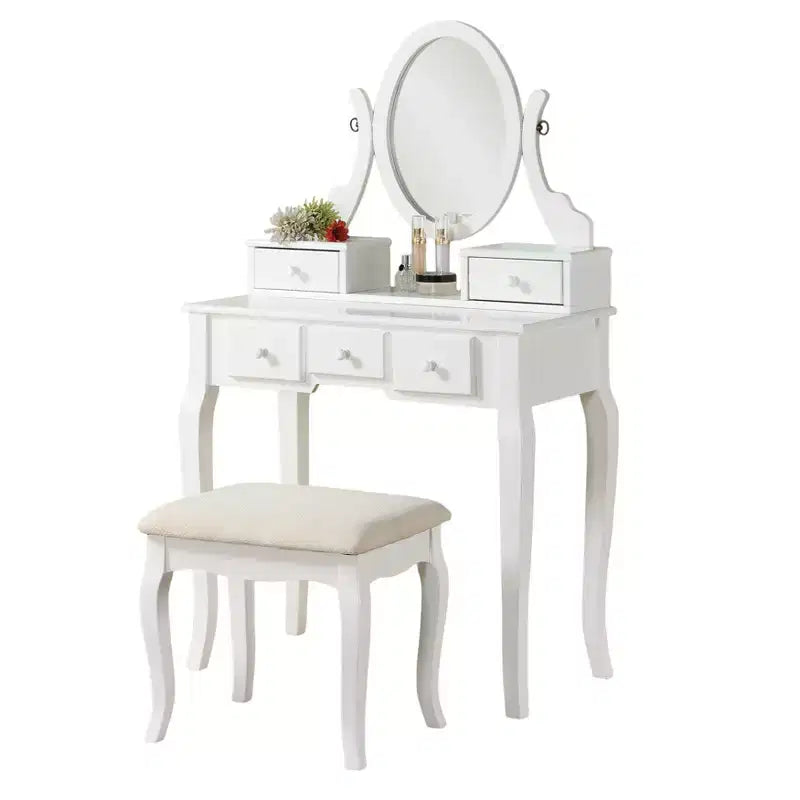 Coiffeuse élégante en bois Okak avec tabouret rembourré, bureau de maquillage avec pieds arqués et 5 tiroirs, table de toilette pour salon