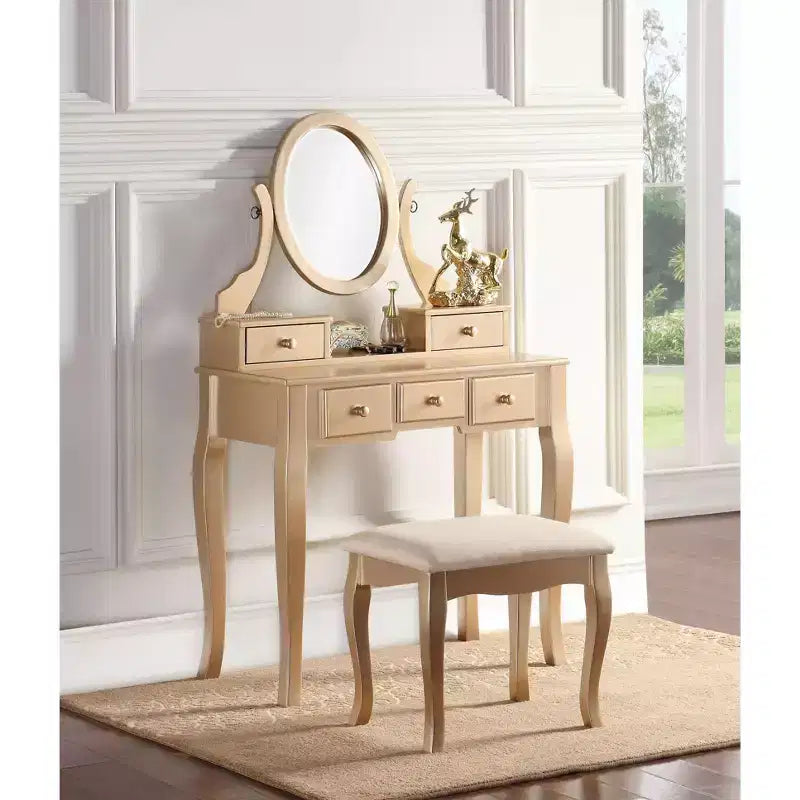 Coiffeuse élégante en bois Okak avec tabouret rembourré, bureau de maquillage avec pieds arqués et 5 tiroirs, table de toilette pour salon
