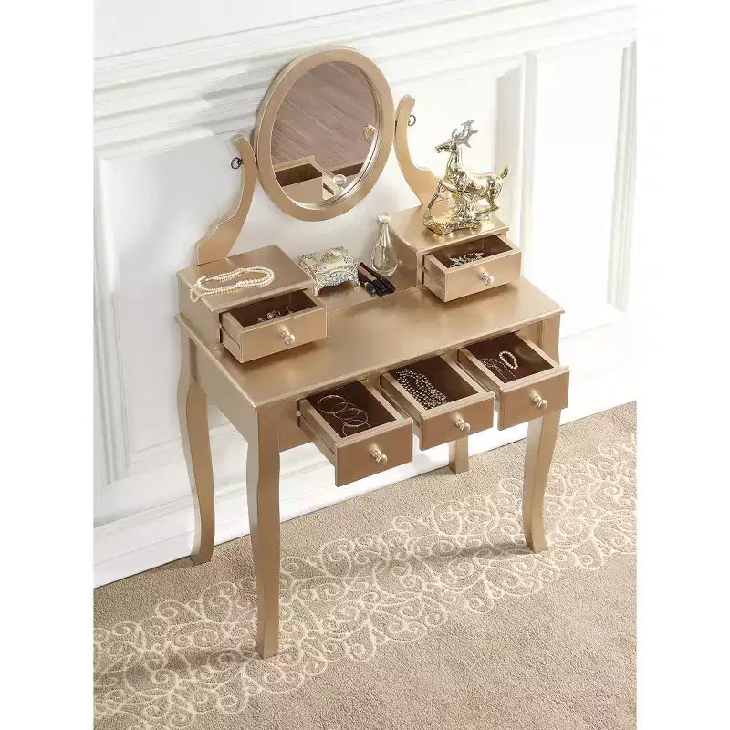 Coiffeuse élégante en bois Okak avec tabouret rembourré, bureau de maquillage avec pieds arqués et 5 tiroirs, table de toilette pour salon