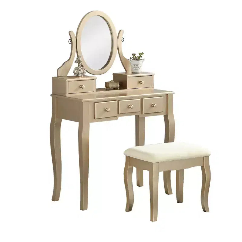 Coiffeuse élégante en bois Okak avec tabouret rembourré, bureau de maquillage avec pieds arqués et 5 tiroirs, table de toilette pour salon
