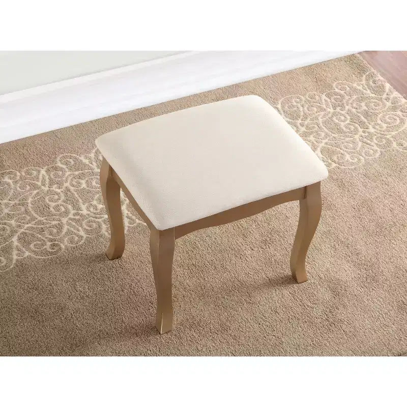 Coiffeuse élégante en bois Okak avec tabouret rembourré, bureau de maquillage avec pieds arqués et 5 tiroirs, table de toilette pour salon
