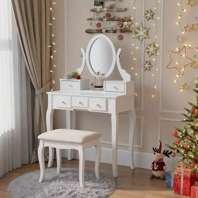 Coiffeuse élégante en bois Okak avec tabouret rembourré, bureau de maquillage avec pieds arqués et 5 tiroirs, table de toilette pour salon