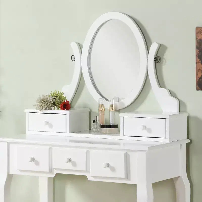 Coiffeuse élégante en bois Okak avec tabouret rembourré, bureau de maquillage avec pieds arqués et 5 tiroirs, table de toilette pour salon