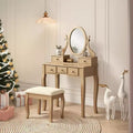 Coiffeuse élégante en bois Okak avec tabouret rembourré, bureau de maquillage avec pieds arqués et 5 tiroirs, table de toilette pour salon