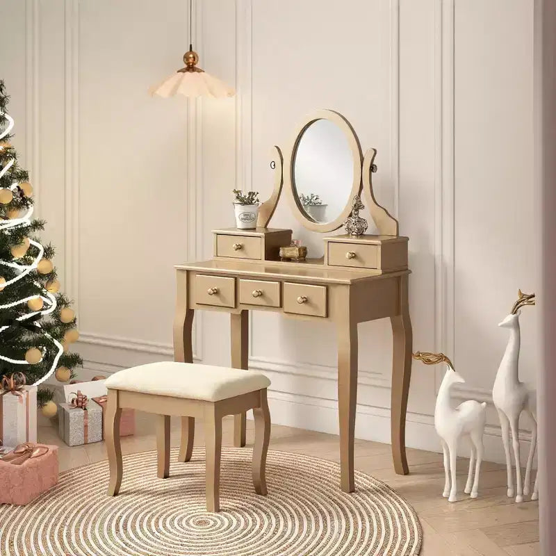 Coiffeuse élégante en bois Okak avec tabouret rembourré, bureau de maquillage avec pieds arqués et 5 tiroirs, table de toilette pour salon