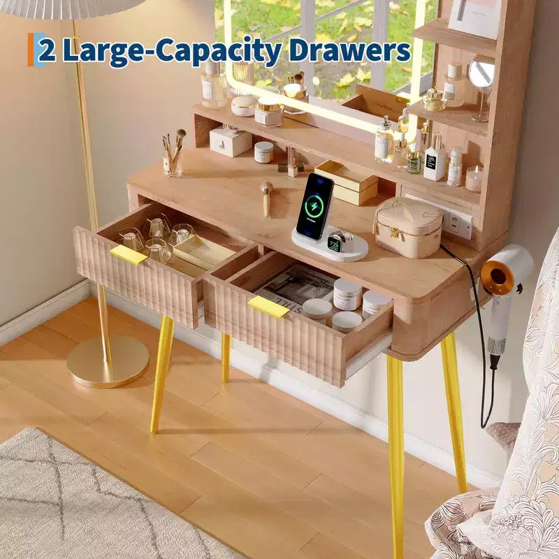 Coiffeuse avec miroir et lumières, table de maquillage en bois avec 2 tiroirs et station de charge, petite coiffeuse pour chambre à coucher, blanc