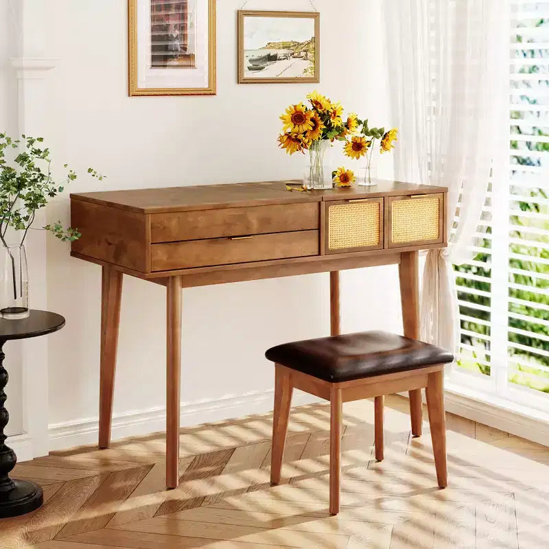 Coiffeuse GDFStudio Vita en bois classique avec miroir escamotable, 3 tiroirs de rangement et tabouret rembourré