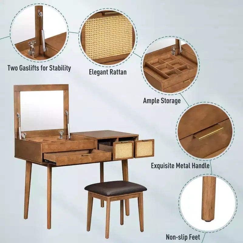 Coiffeuse GDFStudio Vita en bois classique avec miroir escamotable, 3 tiroirs de rangement et tabouret rembourré