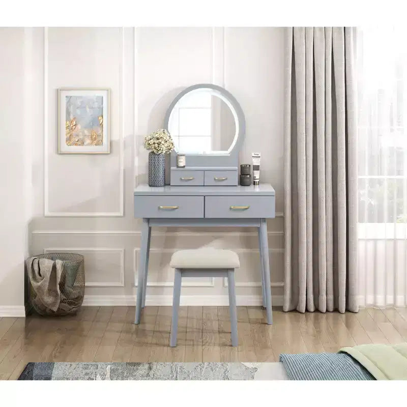 Table de toilette Okak avec miroir rond et 4 tiroirs, coiffeuse avec tabouret rembourré, table de maquillage pour salon, chambre à coucher