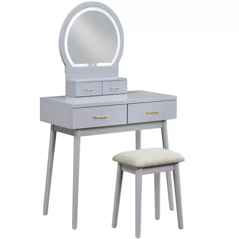 Table de toilette Okak avec miroir rond et 4 tiroirs, coiffeuse avec tabouret rembourré, table de maquillage pour salon, chambre à coucher