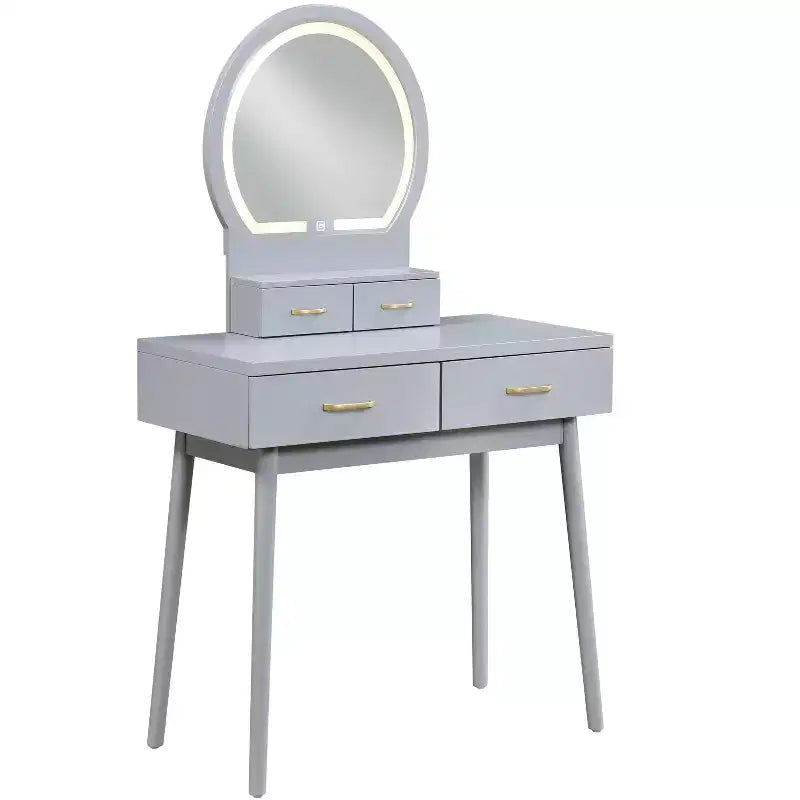 Table de toilette Okak avec miroir rond et 4 tiroirs, coiffeuse avec tabouret rembourré, table de maquillage pour salon, chambre à coucher